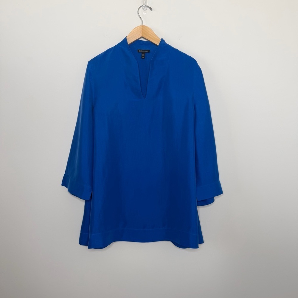 Eileen Fisher Silk Dupioni High Collar Top Catalina Blue VNeck Long Sleeve - Picture 2 of 12
